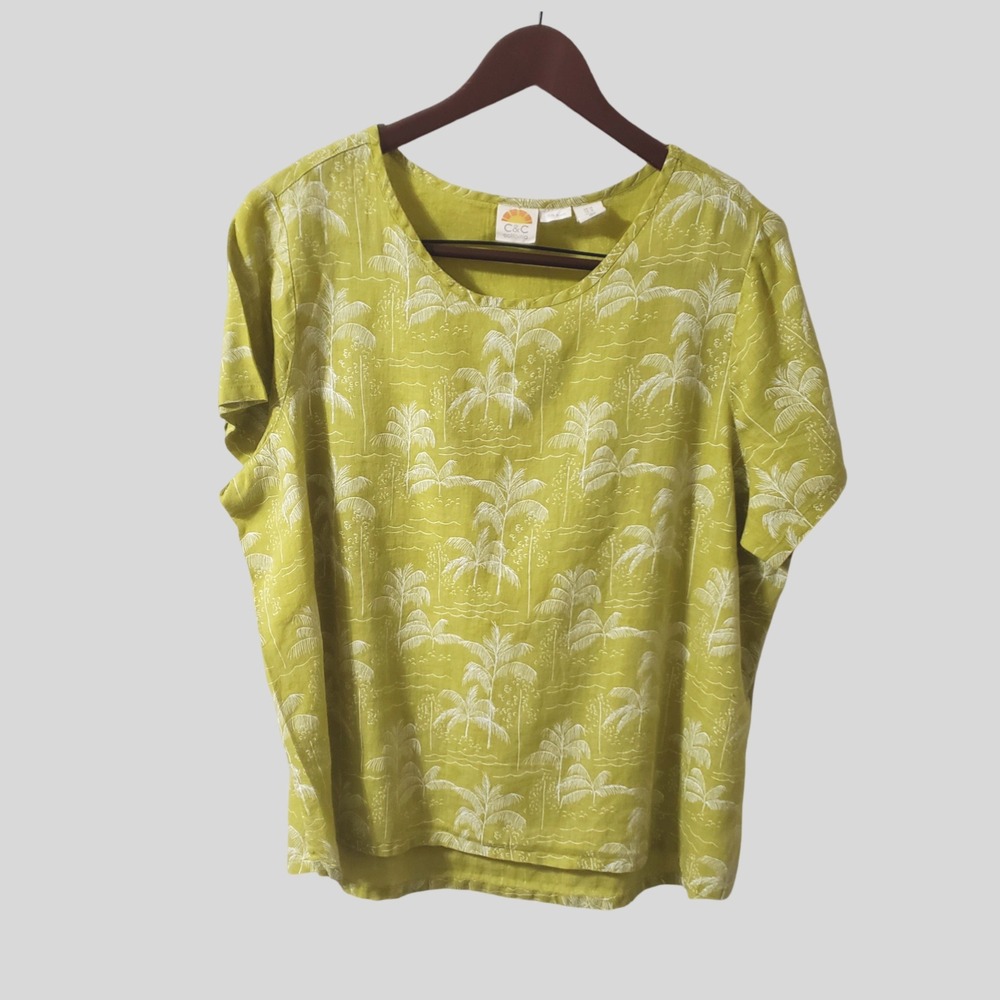 C&C California 100% Linen Top Charteuse Yellow Palm Tree Print Blouse 1X
